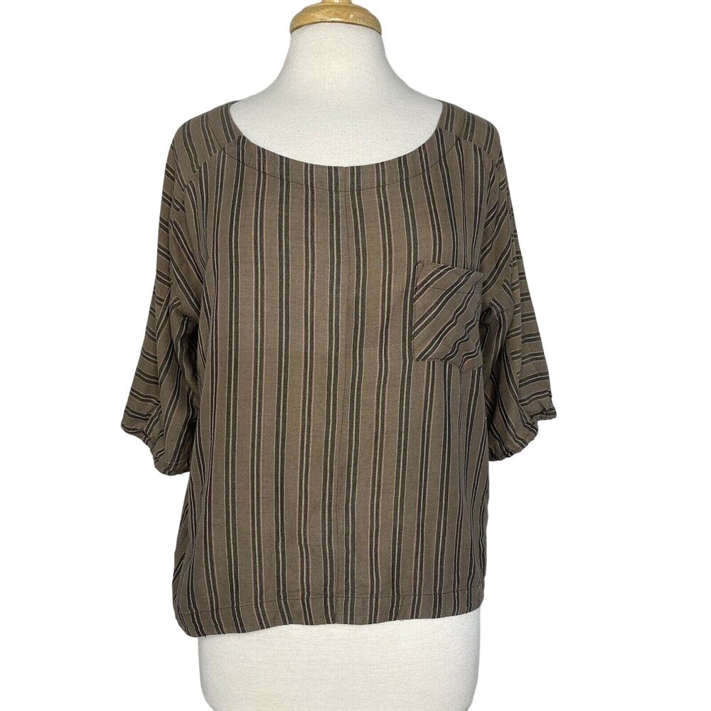 THE PODOLLS Brown Stripe Linen-Cotton Blend Boxy Short Sleeve Top Size XS